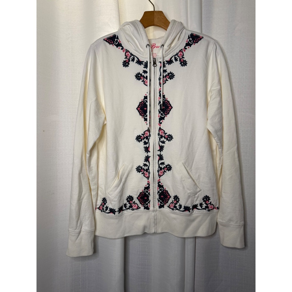 Lucky Brand Full Zip Hoodie Sweatshirt Womens XL Cream Boho Embroidery
